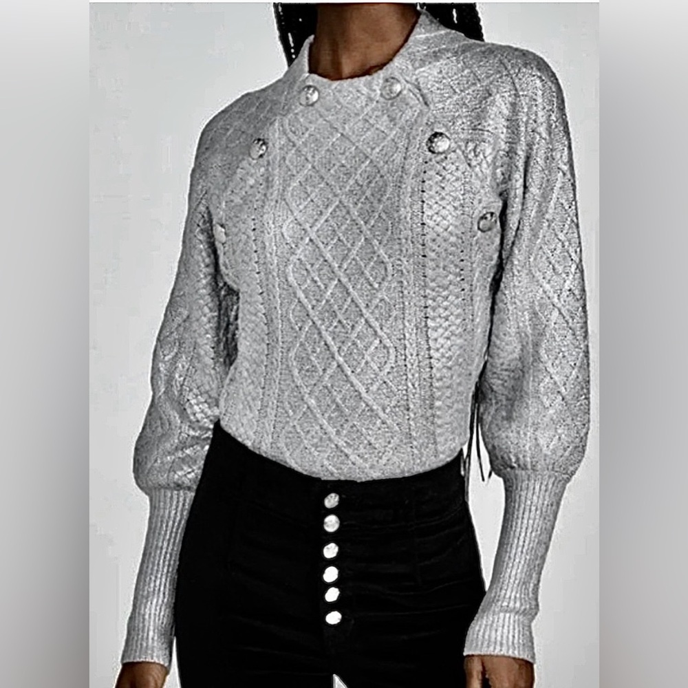 Veronica Beard Metallic Silver Grady Wool Cableknit Sweater High Neck Size M